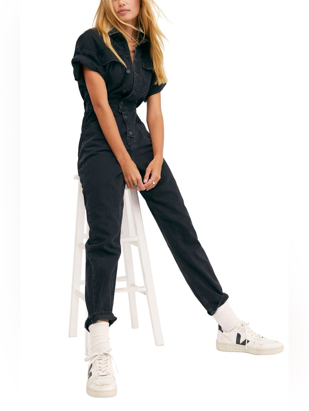 Free People We The Free Marci Jumpsuit Black Wash Denim Size XS